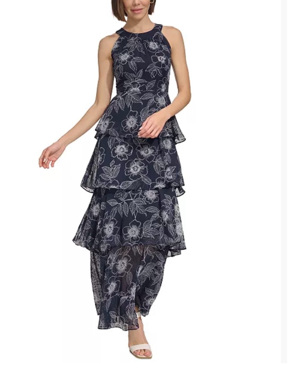 TOMMY HILFIGER Tiered Chiffon Navy Floral Maxi Dress - Sleeveless Summer Dress